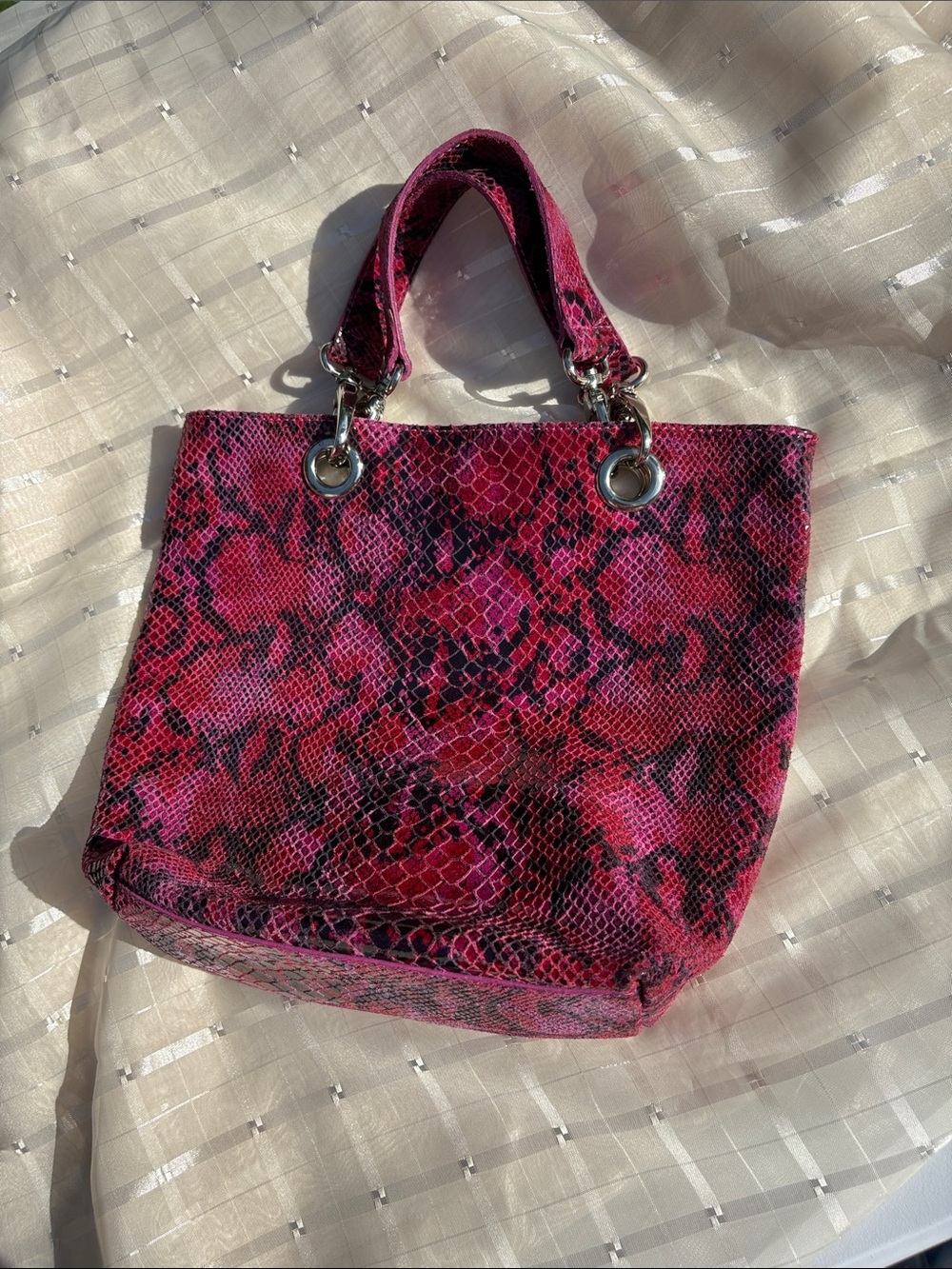 Maurizio Taiuti Hot Pink Python-Print Tote with Silver Hardware